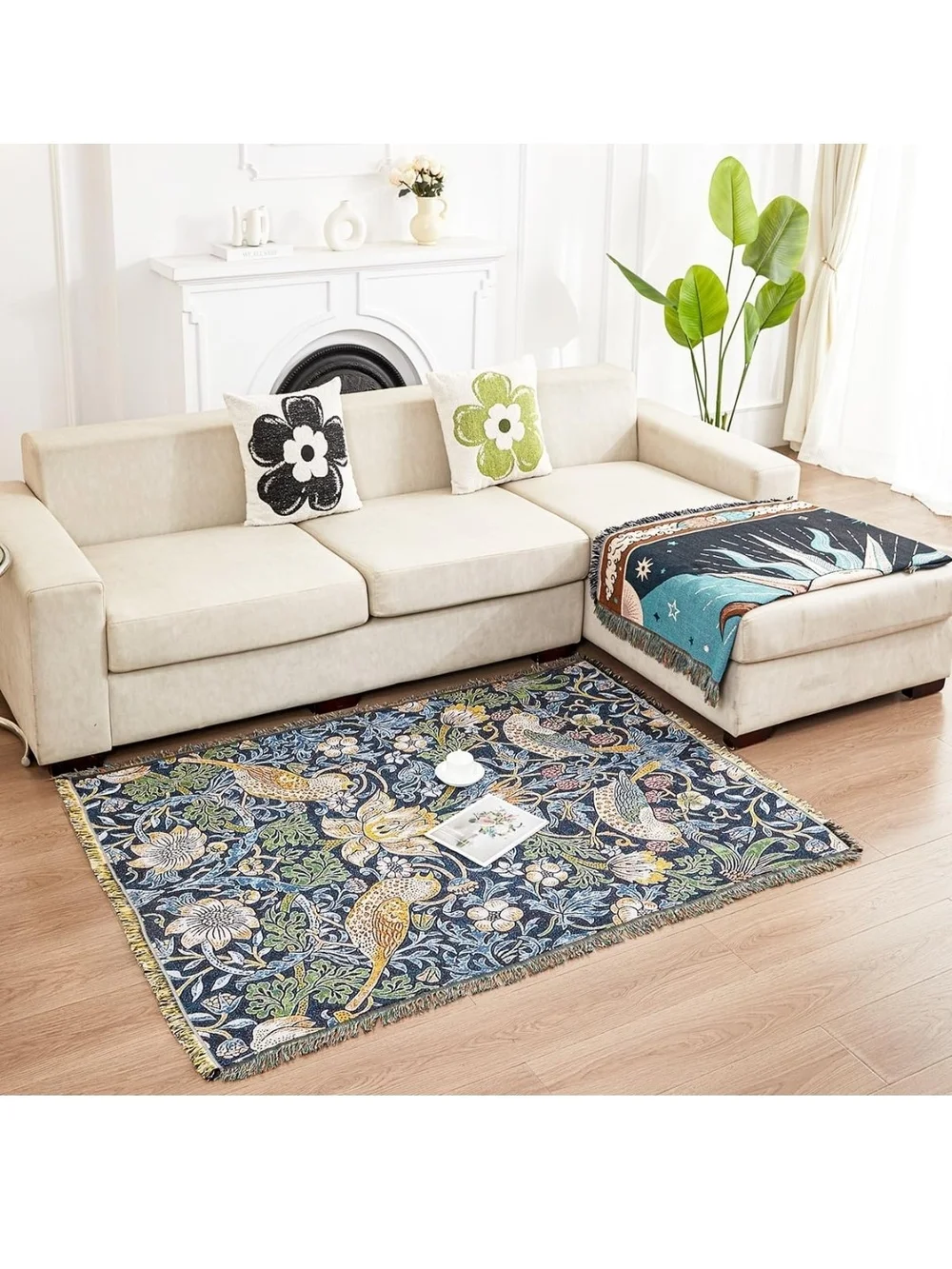 Floral Bird Woven Throw Blanket - Navy, Gold, Green 50X70